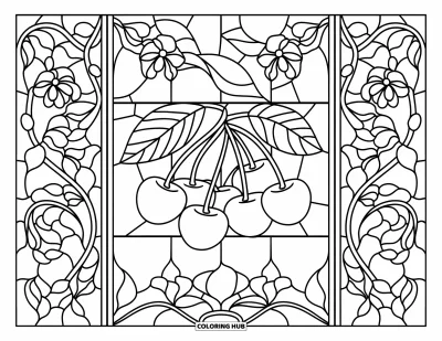 Coloriage de cerises pour adultes : Des cerises suspendues encadrées par des panneaux de vitrail tourbillonnants et des motifs floraux