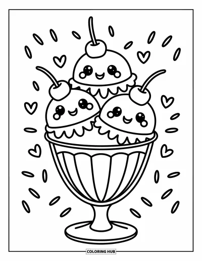 Coloriage de cerises pour adultes : Des boules de glace avec des cerises et des vermicelles remplissent un grand verre à sundae