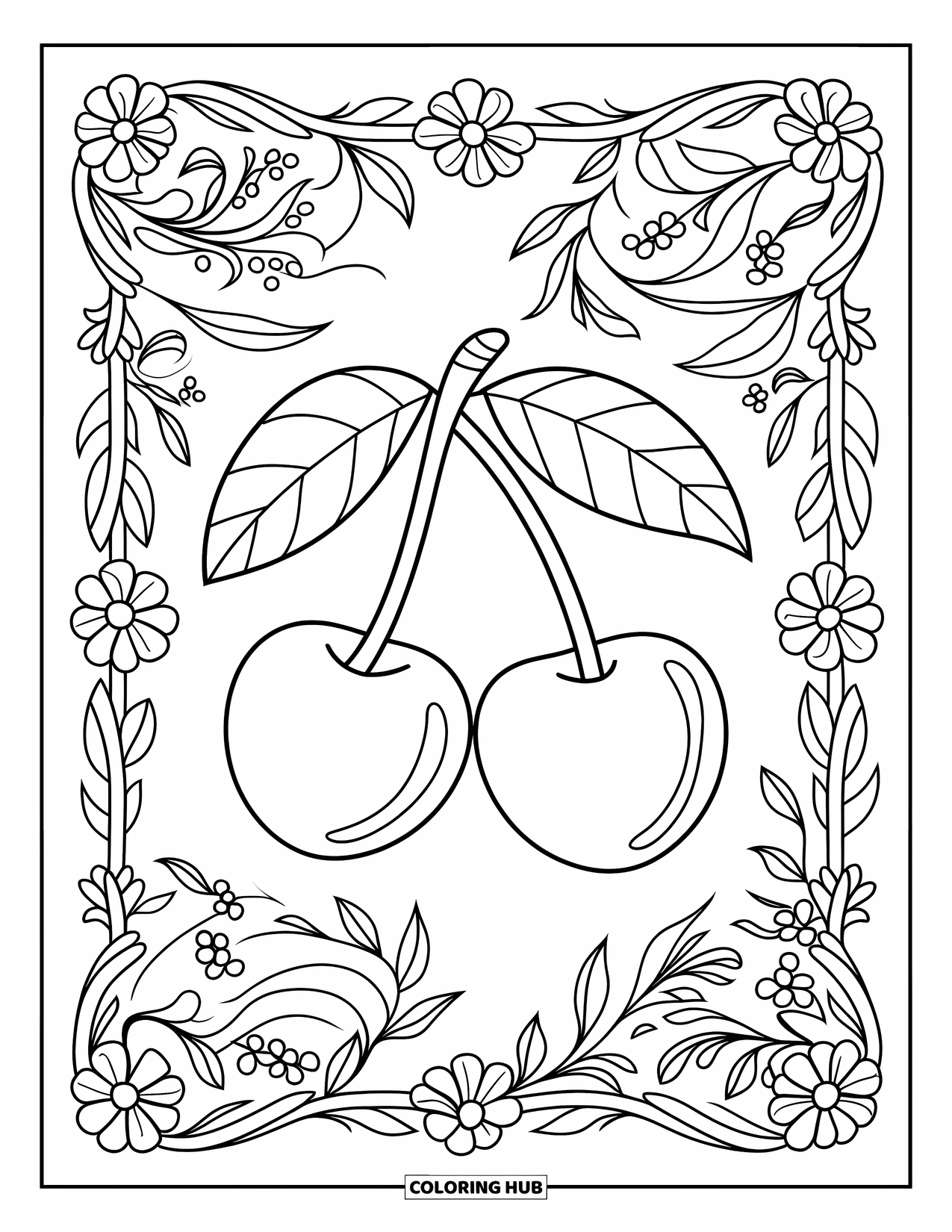 Cherry Coloring Page for Adults: Two cherries are framed by intertwining floral and leafy designs
