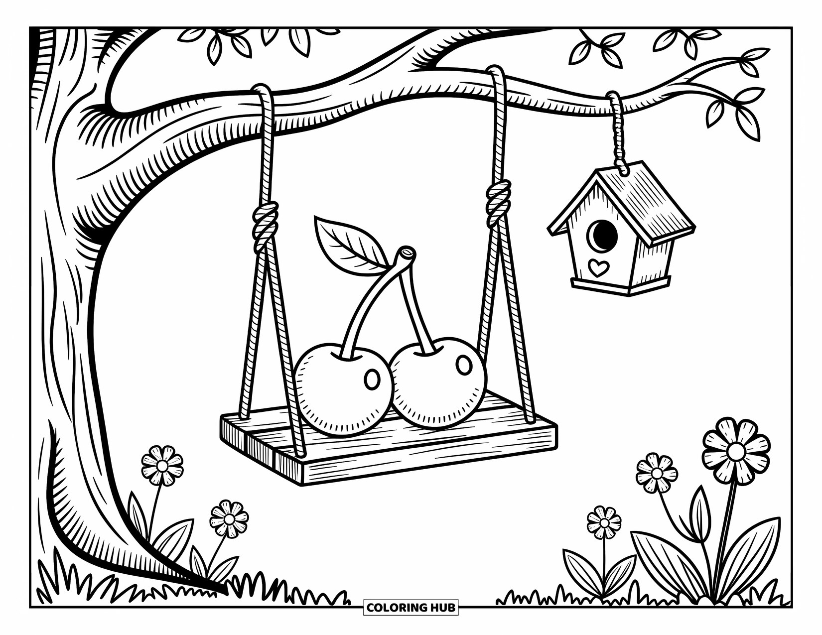 Cherry Coloring Page for Adults: Two cherries snuggle on a wooden swing with flowers and a birdhouse below