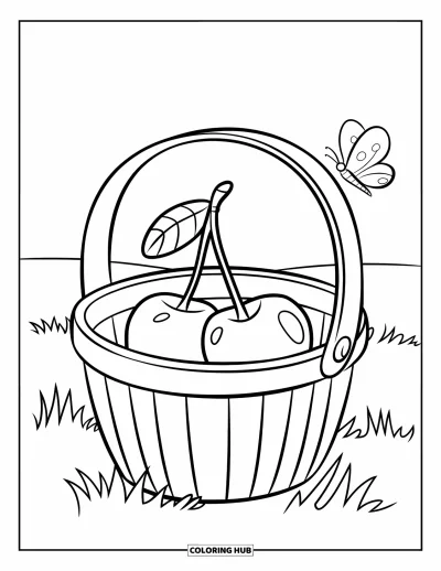 Coloriage de cerises pour enfants : Un papillon volette près d'une cerise dans un panier de pique-nique sur de l'herbe verte