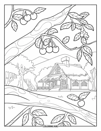 Coloriage de cerises pour enfants : Une branche de cerisier surplombe une maison chaleureuse avec vue sur les montagnes