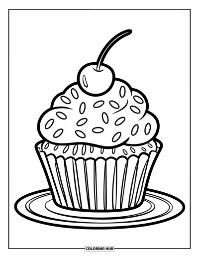 Coloriage de cerises pour enfants : Un cupcake aux cerises avec des vermicelles seul sur une assiette