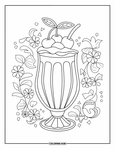 Coloriage de cerises pour enfants : Un milk-shake à la cerise entouré de motifs floraux simples