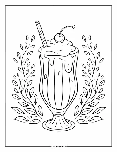Coloriage de cerises pour enfants : Un milk-shake à la cerise avec une paille parmi de délicats motifs floraux