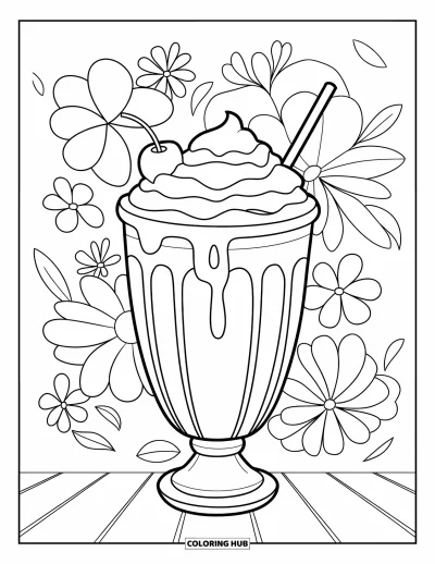 Coloriage de cerises pour enfants : Un milk-shake à la cerise avec de la crème fouettée posé sur une surface en bois entourée de fleurs