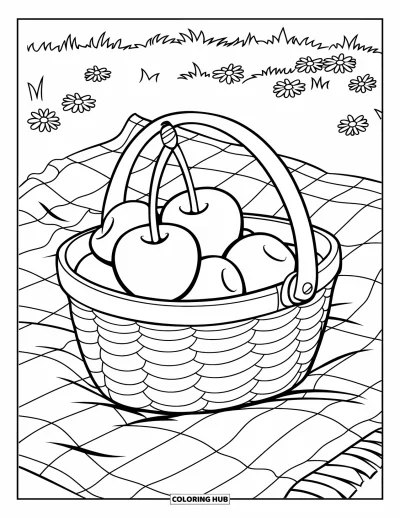 Coloriage de cerises pour enfants : Une cerise dans un panier posé sur une couverture entourée de fleurs