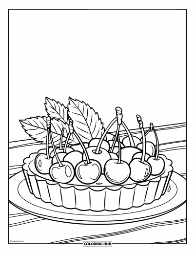 Coloriage de cerises pour enfants : Une tarte aux cerises avec des feuilles sur le dessus repose sur une assiette simple