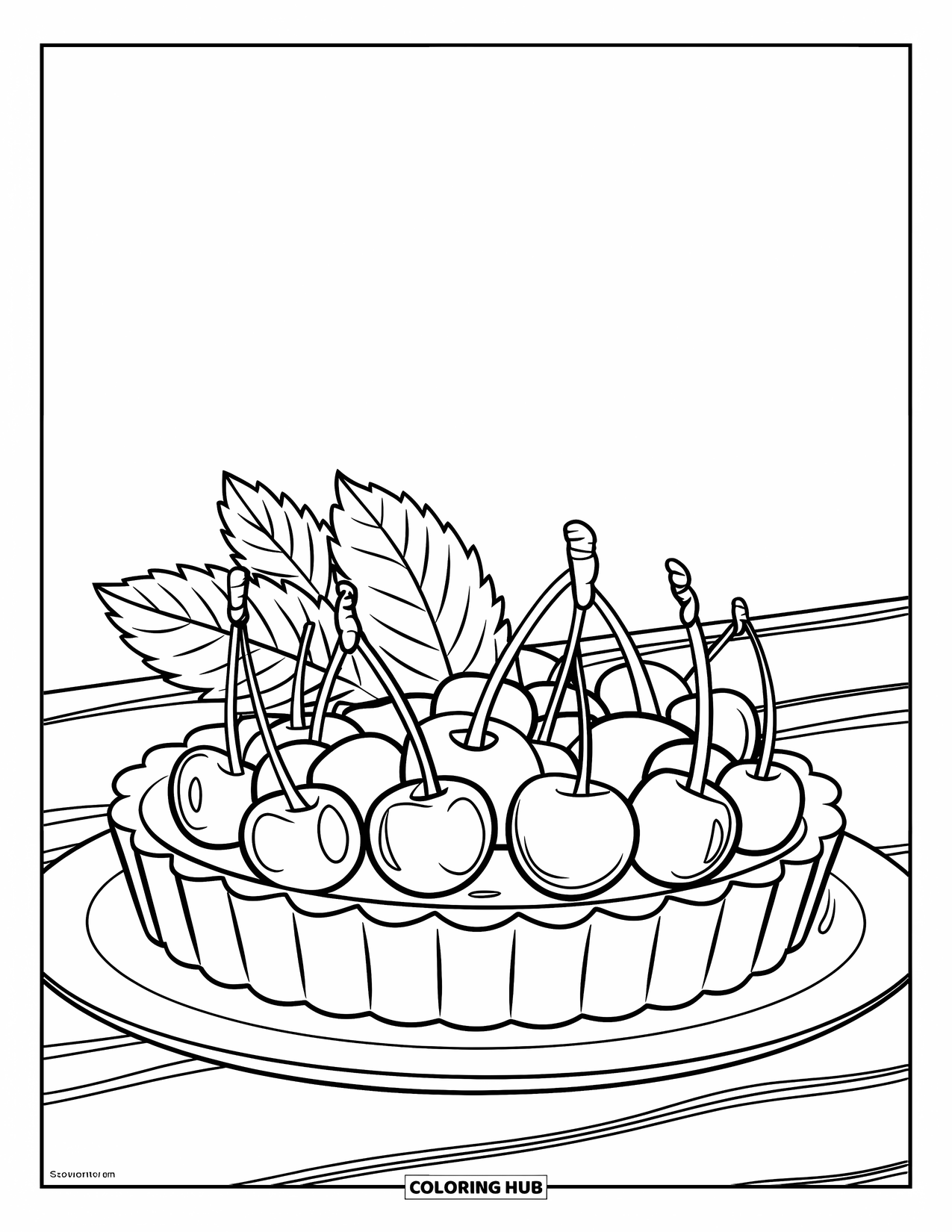 Cherry Coloring Page for Kids: A cherry tart with leaves on top rests on a simple plate