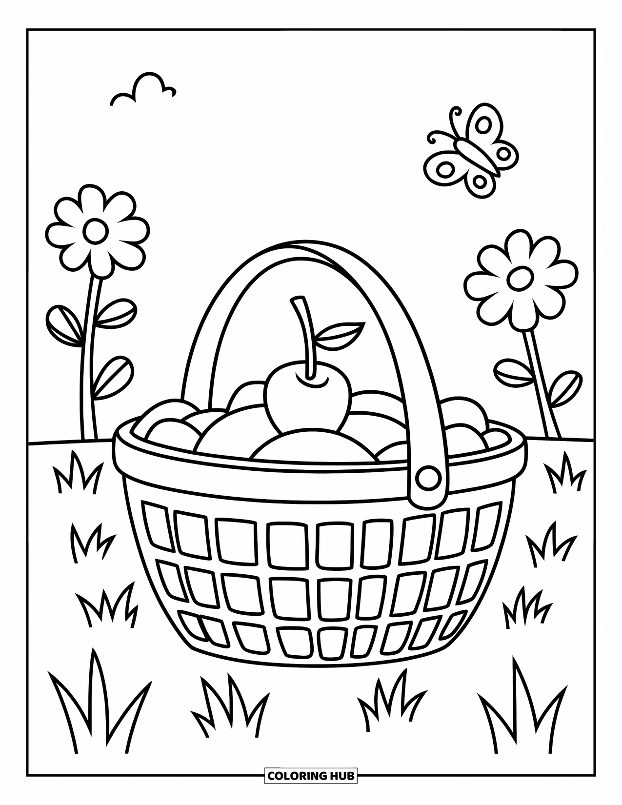 Cherry Coloring Page for Kids: A cherry-topped basket sits in a field with flowers and a fluttering butterfly