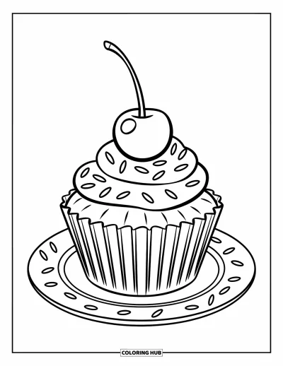 Coloriage de cerises pour enfants : Un cupcake surmonté d'une cerise et de vermicelles sur une assiette blanche