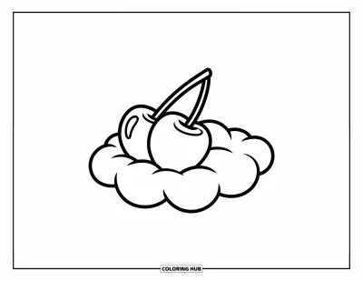 Coloriage de cerises pour enfants : Une cerise avec sa tige posée sur un nuage doux en forme de barbe à papa