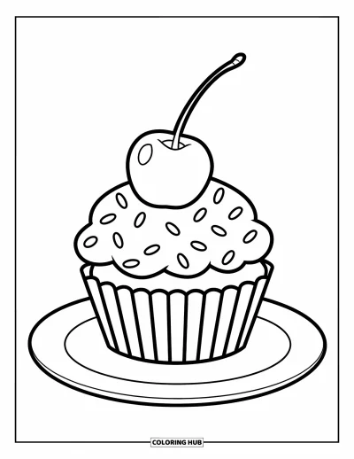 Coloriage de cerises pour enfants : Un cupcake surmonté d'une cerise posé sur une assiette simple