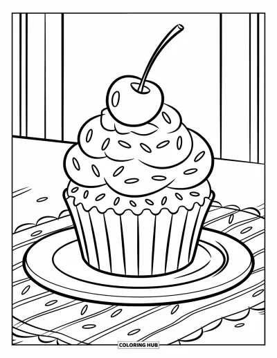 Coloriage de cerises pour enfants : Un cupcake avec des vermicelles colorés et une cerise sur une petite assiette