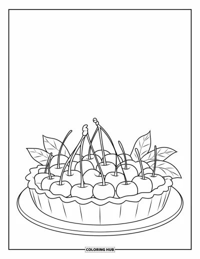 Coloriage de cerises pour enfants : Une tarte feuilletée aux cerises avec des feuilles repose sur une assiette blanche