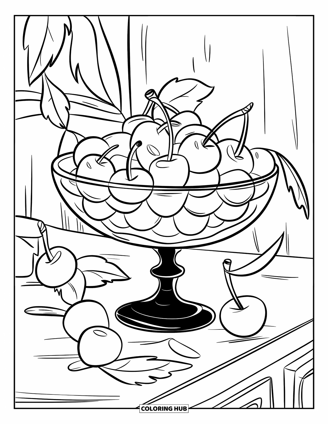 Cherry Coloring Page for Kids: A green-stemmed bowl overflows with cherries on a rustic kitchen counter