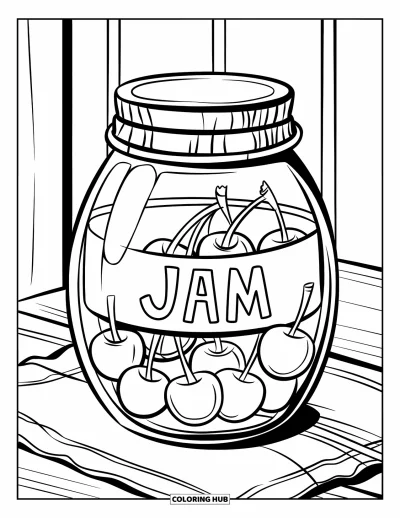 Coloriage de cerises pour enfants : Un pot de confiture rempli de cerises repose sur une table en bois avec un tissu