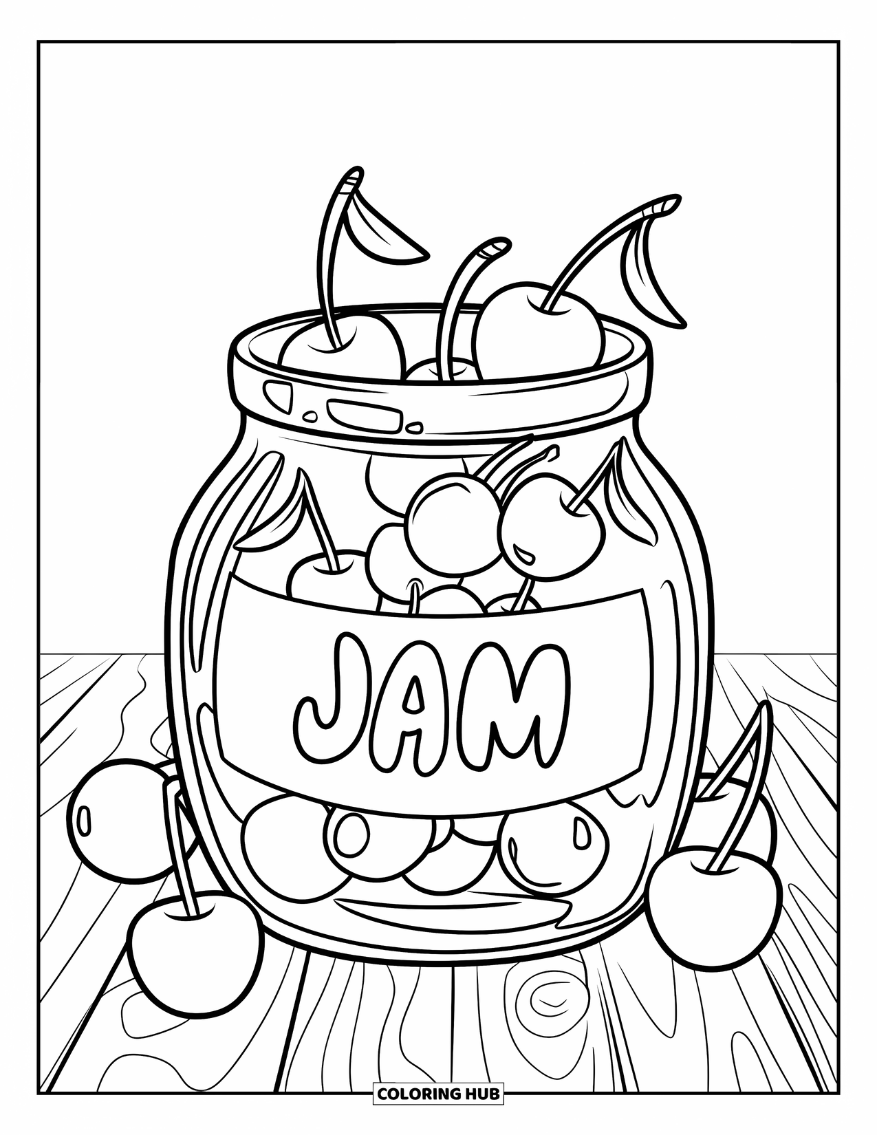 Cherry Coloring Page for Kids: A jar of cherries labeled ìJamî sits on a wooden surface