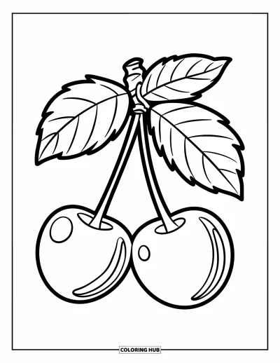 Coloriage de cerises pour enfants : Une paire de cerises aux contours marqués accrochée à une tige bien feuillue
