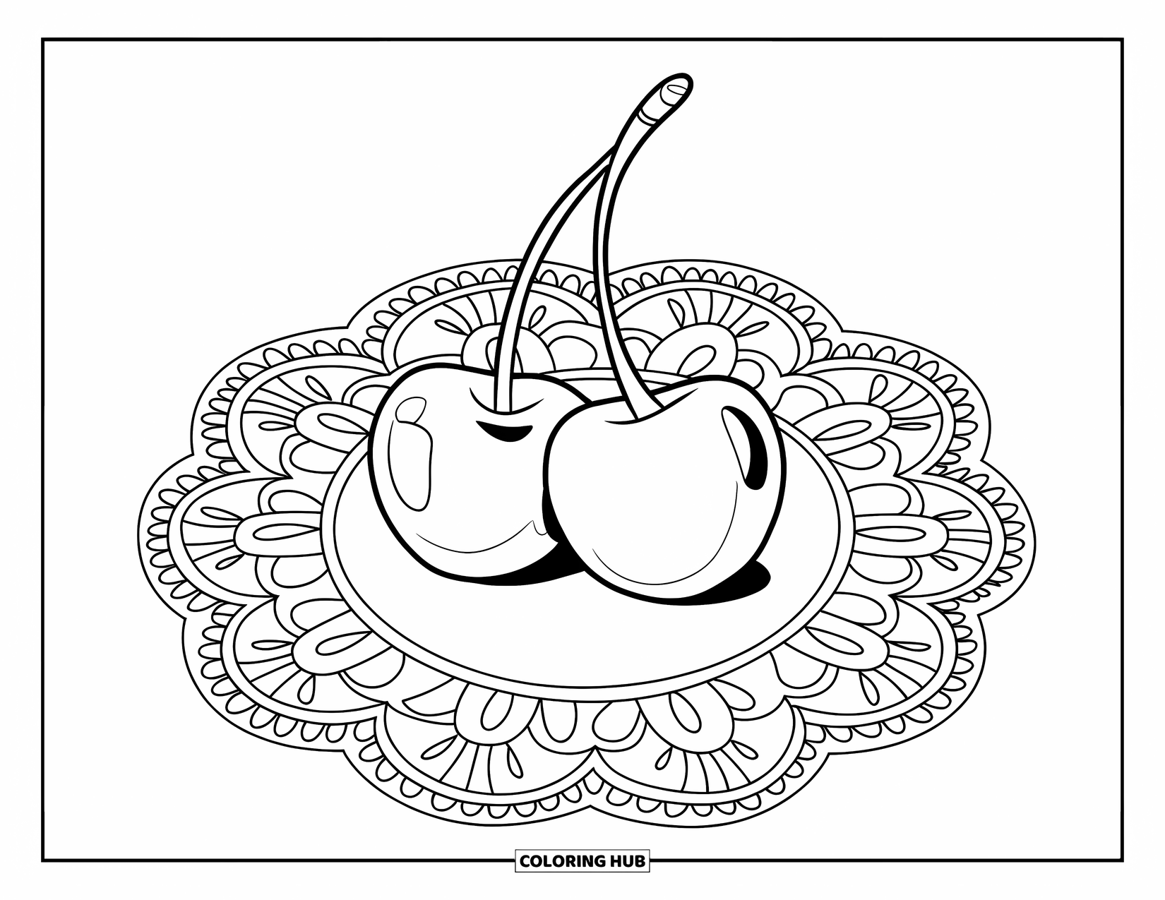 Cherry Coloring Page for Kids: A pair of ripe cherries rest on an elegant lace-trimmed doily