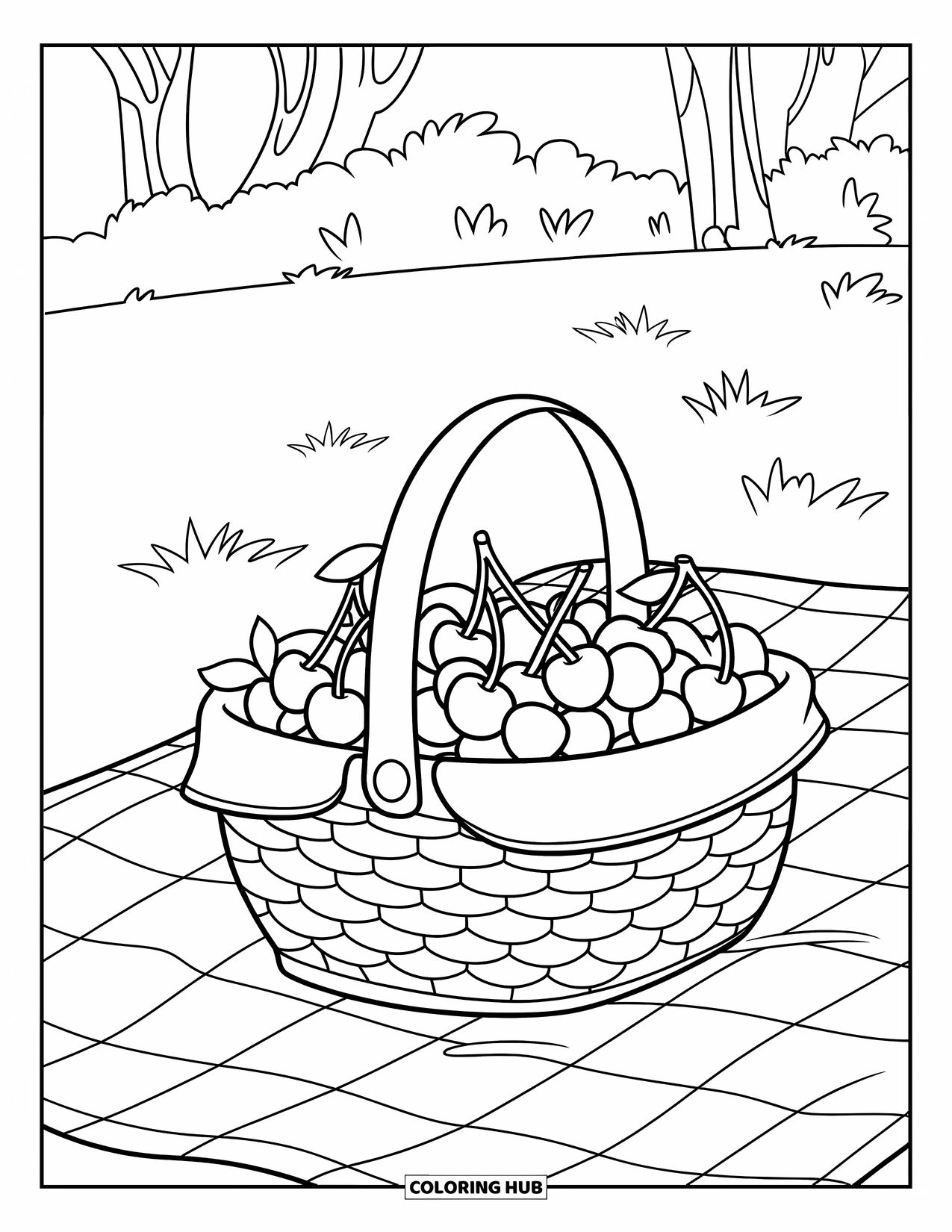 Cherry Coloring Page for Kids: A picnic basket full of cherries rests on a checkered blanket in a grassy field