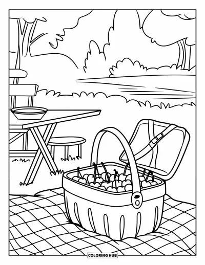 Coloriage de cerises pour enfants : Une scène de pique-nique avec des cerises, une table et des chaises près d'une eau calme et des arbres