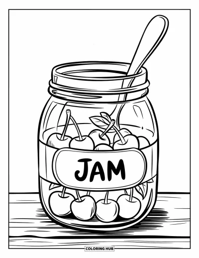 Coloriage de cerises pour enfants : Des cerises remplissent un bocal à confiture avec une cuillère sur un comptoir en bois