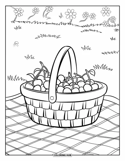 Coloriage de cerises pour enfants : Des cerises remplissent un panier de pique-nique posé sur une couverture parmi des fleurs dans un champ ensoleillé