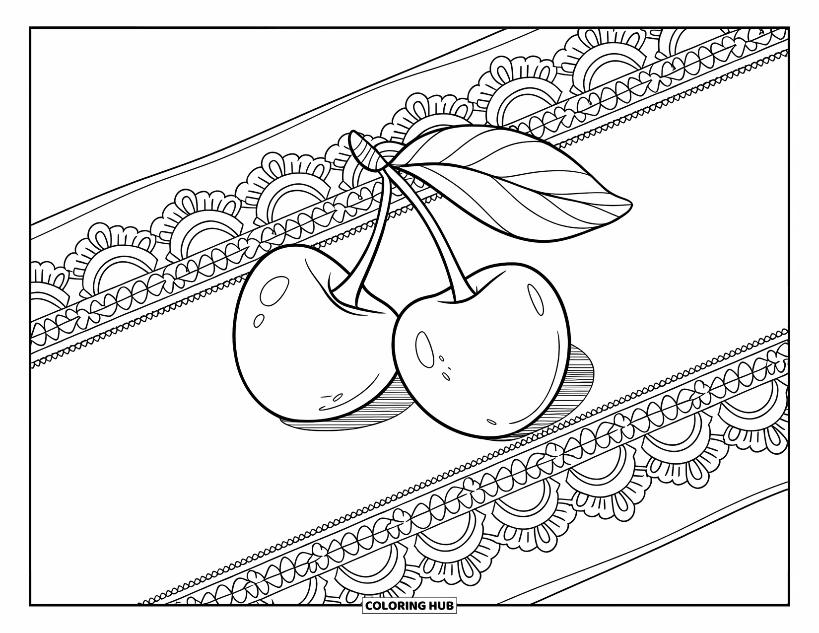 Cherry Coloring Page for Kids: Cherries with visible seeds rest on a soft lace doily