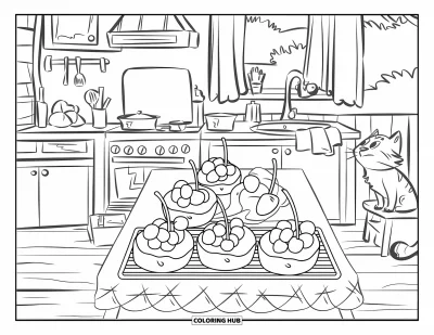 Coloriage de cerises pour enfants : Des desserts aux cerises refroidissent dans une cuisine douillette avec un chat près du fourneau