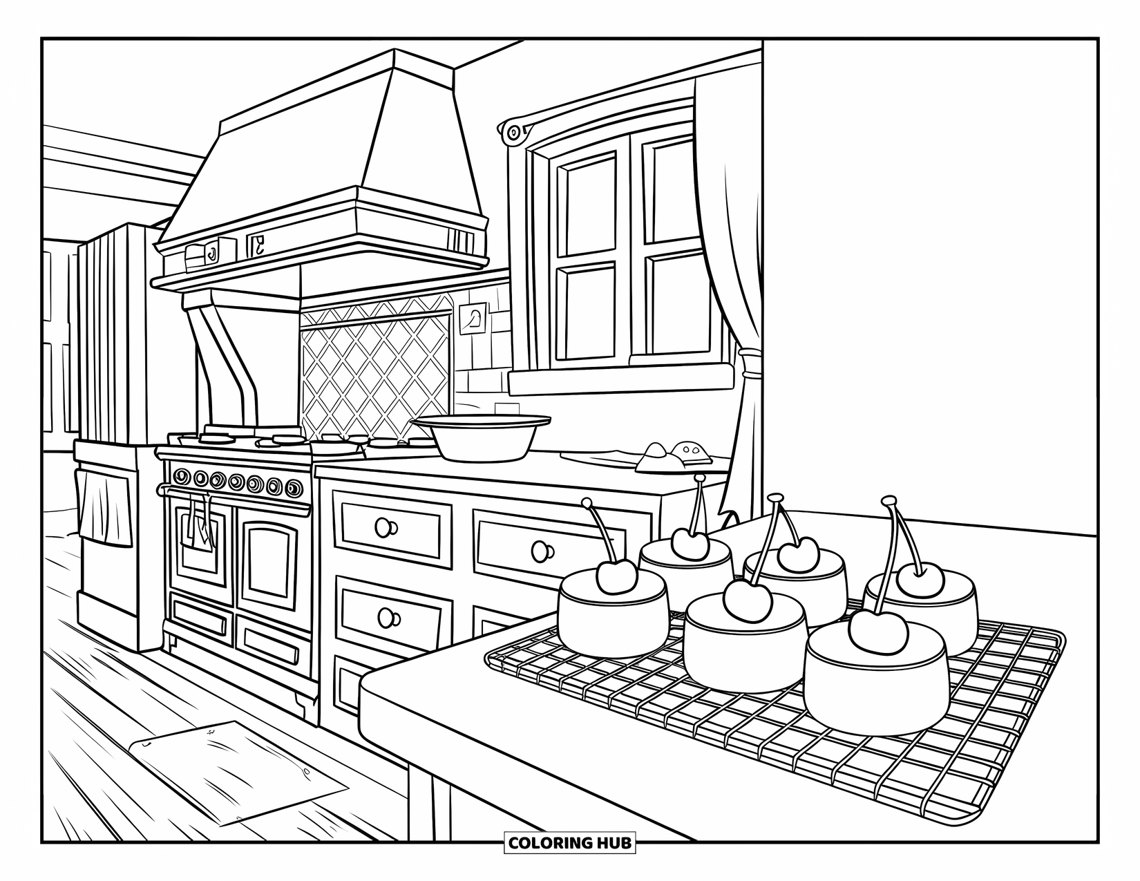 Cherry Coloring Page for Kids: Cherry desserts cool on a counter near a vintage stove and potted plant