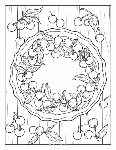 Coloriage de cerises pour enfants : Des cerises fraîches et des feuilles entourent une tarte dans un plat en bois