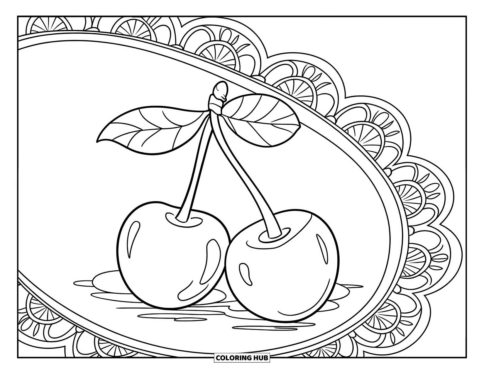 Cherry Coloring Page for Kids: Long-stemmed cherries sit gently on a lace-decorated doily