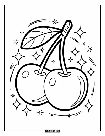Coloriage de cerises pour enfants : Des étoiles brillantes entourent deux grandes cerises aux contours nets et aux formes simples