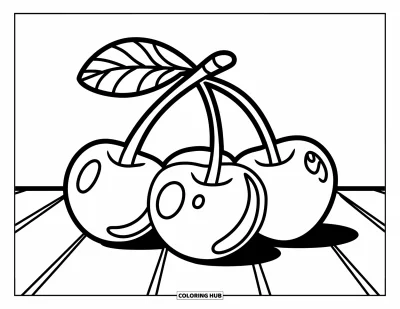 Coloriage de cerises pour enfants : Trois cerises joyeuses sur une table simple avec beaucoup d'espace pour colorier