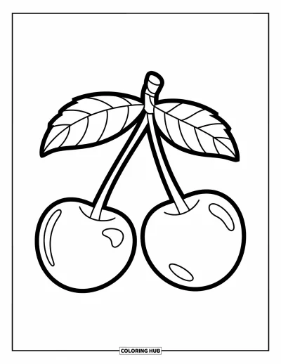 Coloriage de cerises pour enfants : Deux grandes cerises accrochées à une tige feuillue aux lignes expressives
