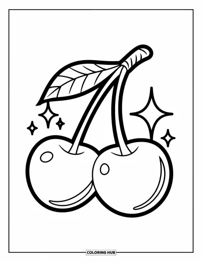 Coloriage de cerises pour enfants : Deux cerises brillantes scintillent avec des étoiles sur un fond blanc