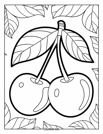 Coloriage de cerises pour enfants : Deux cerises souriantes avec des feuilles accrochées à une tige partagée sur fond blanc