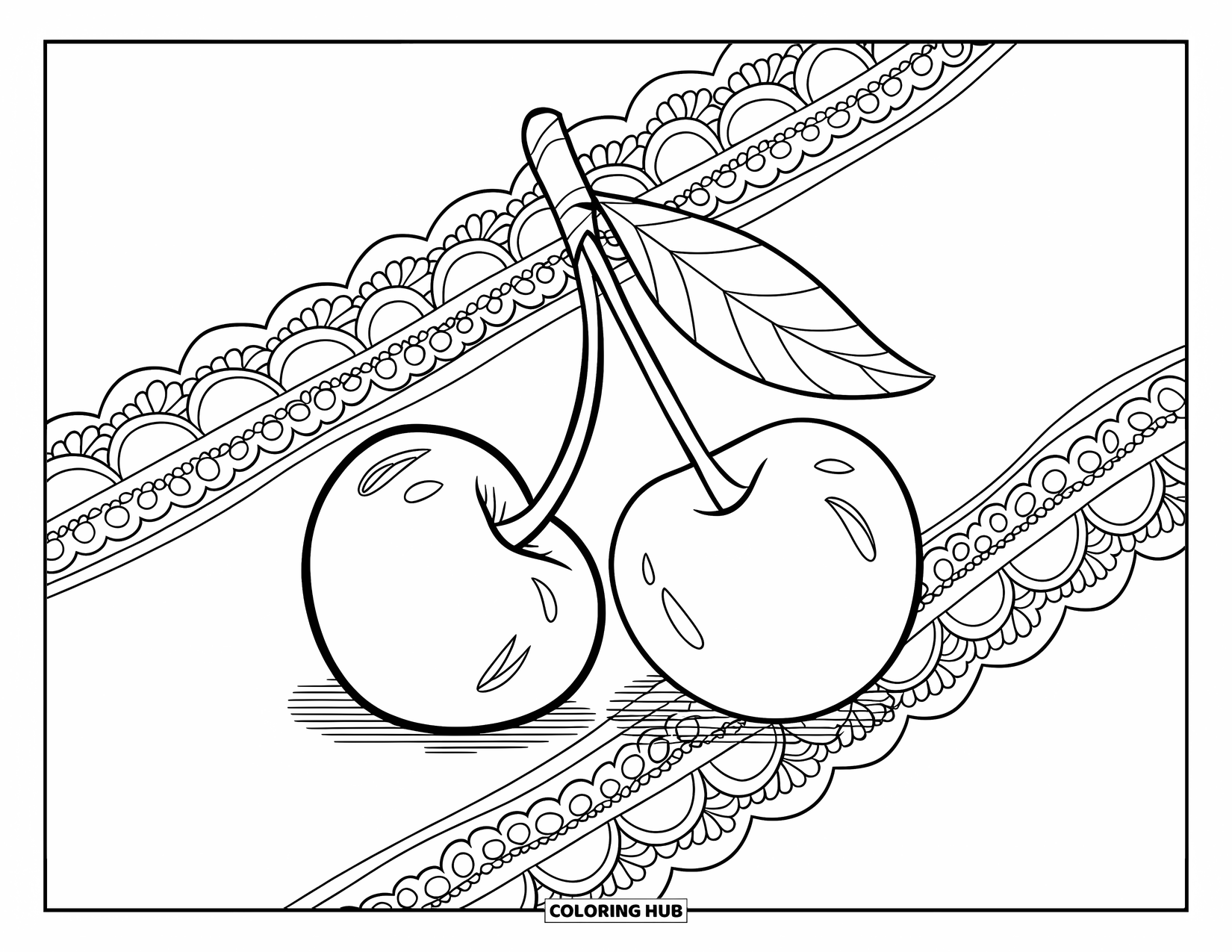 Cherry Coloring Page for Kids: Two cherries rest on a lace doily with soft, curved stems