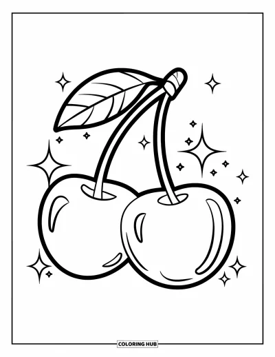 Coloriage de cerises pour enfants : Deux cerises juteuses brillent avec des étincelles sur un fond épuré