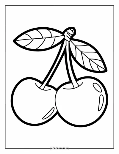 Coloriage de cerises pour enfants : Deux grandes cerises reliées par une tige garnie de feuilles, prêtes à être coloriées