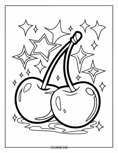 Coloriage de cerises pour enfants : Deux grandes cerises sous des étoiles scintillantes, parfaites pour un coloriage amusant