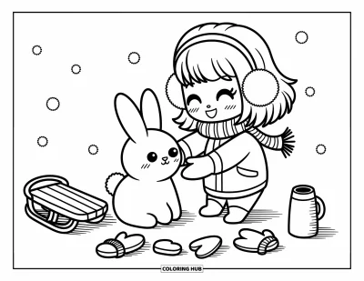 Chibi-fargeleggingsark for voksne: En godt innpakket chibi-jente bygger en snøkanin under sakte fallende snøfnugg