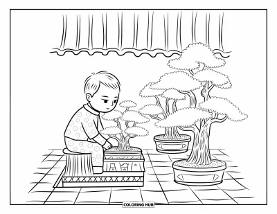 Chibi-fargeleggingsark for voksne: En rolig chibi-mann steller bonsai på en terrasse med mønstrede potter og blomster