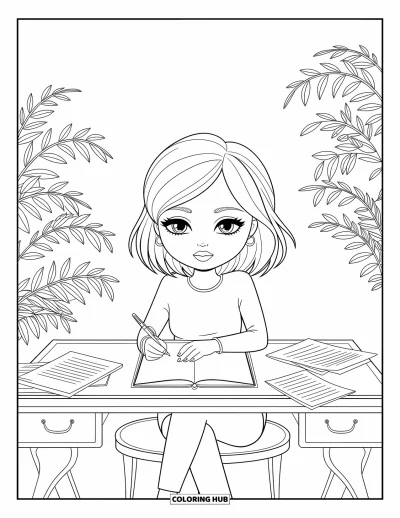 Chibi-fargeleggingsark for voksne: En rolig chibi-kvinne holder en penn ved pulten sin, omgitt av planter og notater
