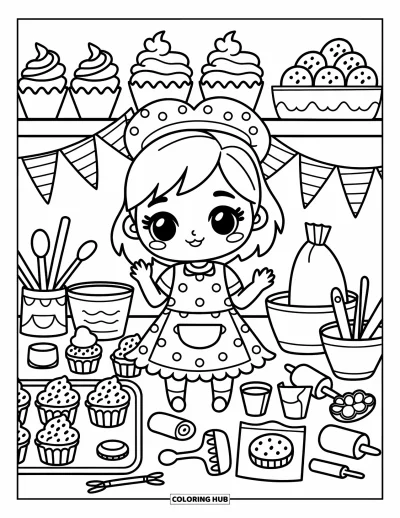 Chibi-fargeleggingsark for voksne: En blid chibi-baker arbeider i et lunt kjøkken fullt av cupcakes og kjevler
