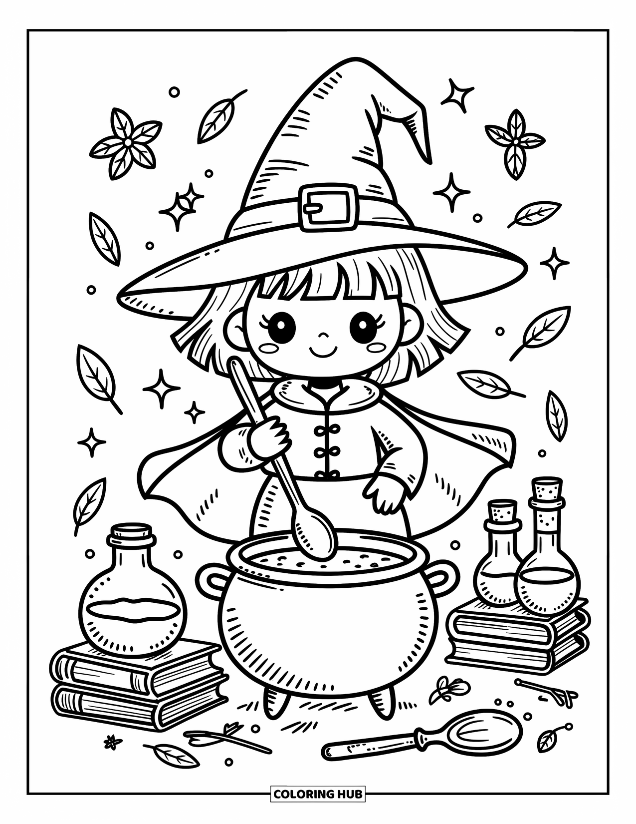 Chibi Coloring Page for Adults: A cheerful witch chibi stirs her potion in a cute lab full of magical doodles