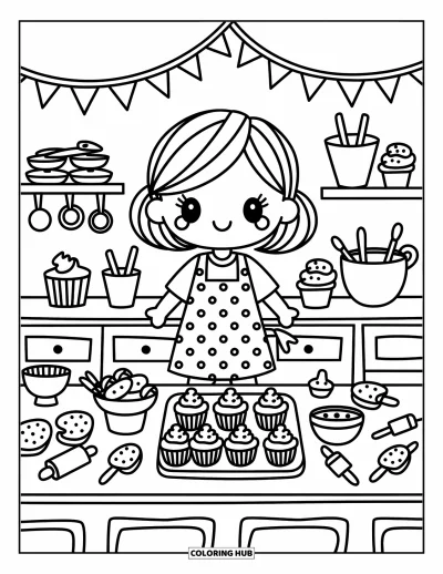 Chibi-fargeleggingsark for voksne: En chibi-baker i forkle dekorerer cupcakes i et lite, festlig kjøkken