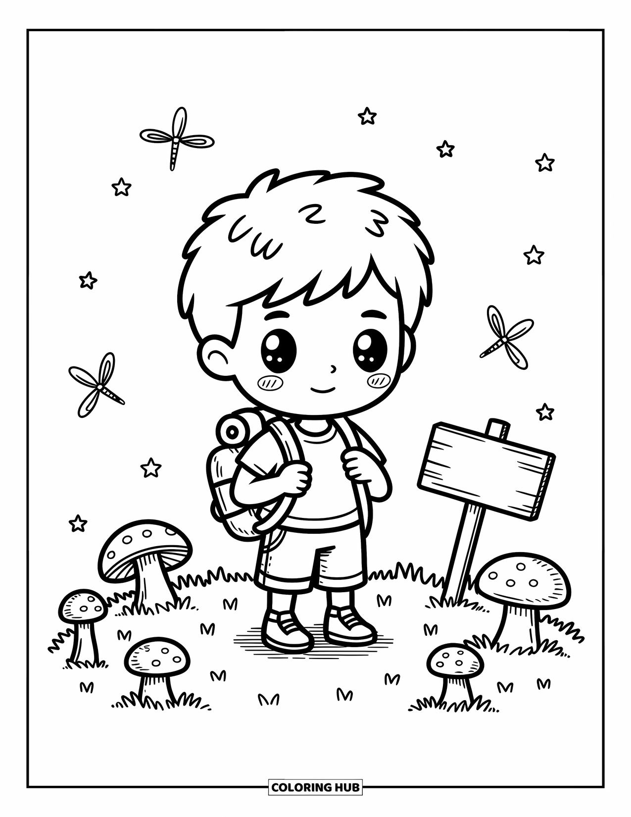 Chibi Coloring Page for Adults: A chibi boy explores a cute forest with mushrooms, tree stumps, and glowing fireflies