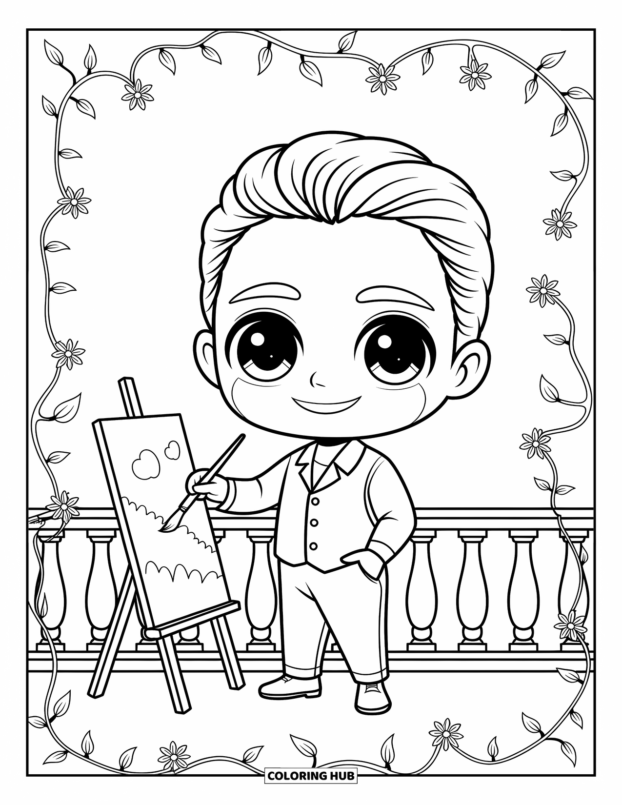 Chibi Coloring Page for Adults: A chibi man paints a peaceful view on his balcony, surrounded by quiet charm